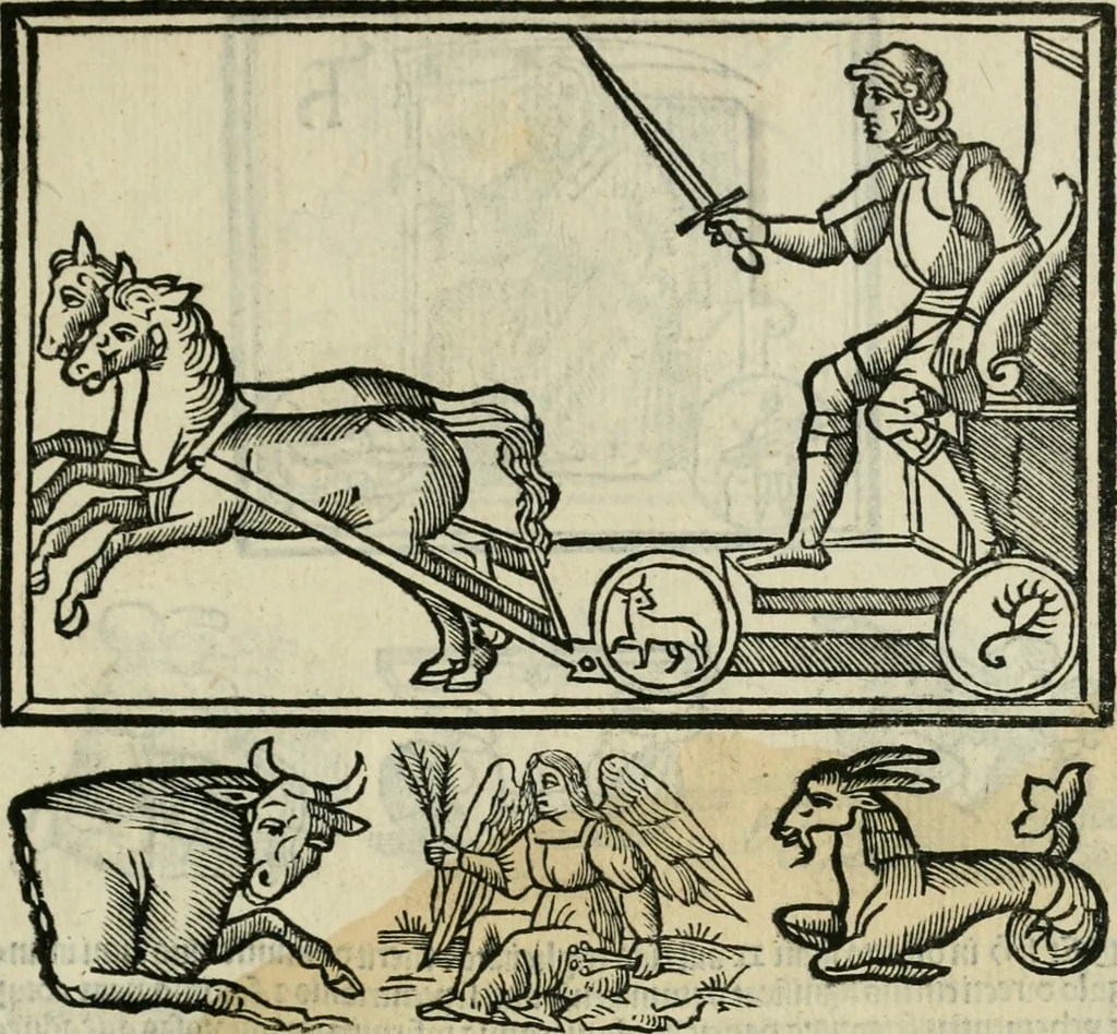 An illustration from Albumasar, De magnis [con]iunctionibus, anno[rum] reuolutio[n]ibus, ac eo[rum] profectionibus octo [con]tines tractatus, 1515, leaf 44