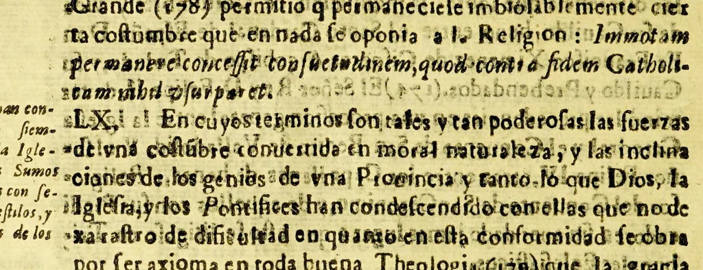 An illustration from Alegacion juridica, historico-politica, en defensa de la jurisdicion real, : y ilustracion de la provision de 20. de febrero del año passado 1684. despachada por el gouierno superior, y reducida a ordenança en el tom. I. fol. 311. Sobre que en recebir los corregidores de este reyno informaciones secretas de oficio, ò a instancia de parte, en orden a aueriguar como obseruan los curas, y dotrineros las disposiciones canonicas, synodales, cedulas, y ordenanças de Su Magestad, que tratan de las obenciones que deuen lleuar a los Indios a fin solo de dar cuenta con ellas a sus prelados, y al gouierno superior de estos reynos para que lo remedien, no se contrauiene en cosa alguna a la inmunidad de la iglesia. Escrita de orden del excel.mo senor duque de la Palata, virrey destos reynos, 1685, leaf 54