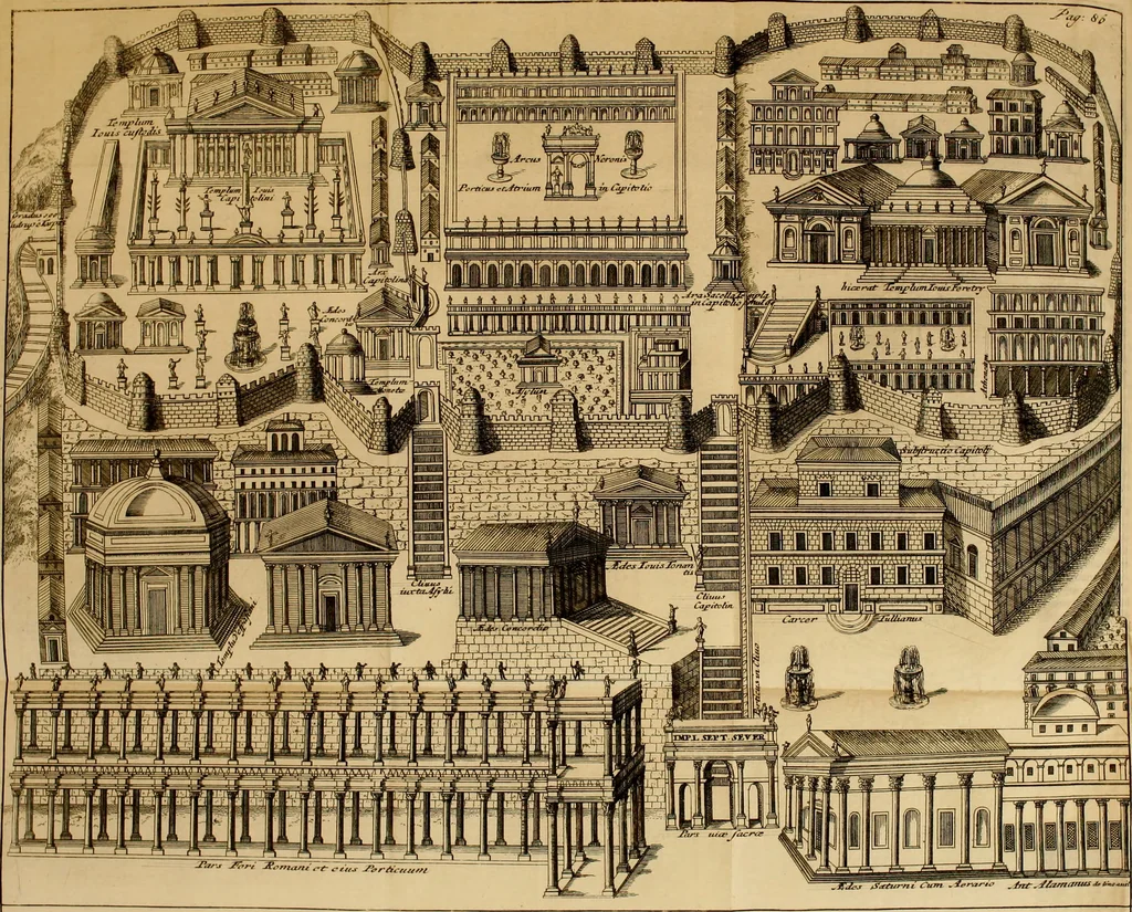 An illustration from Alexandri Donati e Societate Jesu Roma vetus ac recens : utriusque ædificiis illustrata : in multis locis aucta, castigatior reddita, indice locupletissimo & figuris aeneis illustrata, 1695, leaf 128