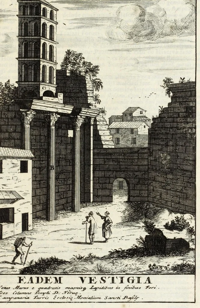 An illustration from Alexandri Donati e Societate Jesu, Roma vetus ac recens, utriusque aedificiis illustrata : in multis locis aucta, castigatior reddita, indice locupletissimo, & figuris aeneis illustrata, 1695, leaf 215