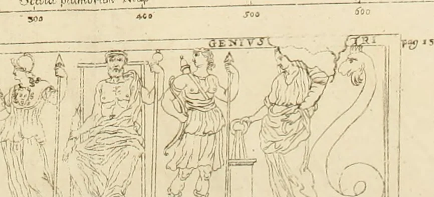 An illustration from Alexii Symmachi Mazochii In mvtilvm Campani amphitheatri titvlvm aliasque nonnullas Campanas inscriptiones commentarivs, 1797, leaf 47