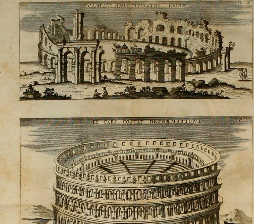 An illustration from Alexii Symmachi Mazochii metropolitanae ecclesiae campanae canonici theologi In mutilum Campani amphitheatri titulum aliasque nonnullas Campanas inscriptiones commentarius, 1727, leaf 147
