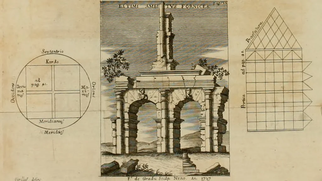 An illustration from Alexii Symmachi Mazochii metropolitanae ecclesiae campanae canonici theologi In mutilum Campani amphitheatri titulum aliasque nonnullas Campanas inscriptiones commentarius, 1727, leaf 147