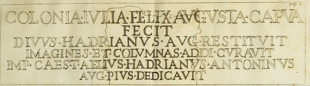 An illustration from Alexii Symmachi Mazochii metropolitanae ecclesiae campanae canonici theologi In mutilum Campani amphitheatri titulum aliasque nonnullas Campanas inscriptiones commentarius, 1727, leaf 26