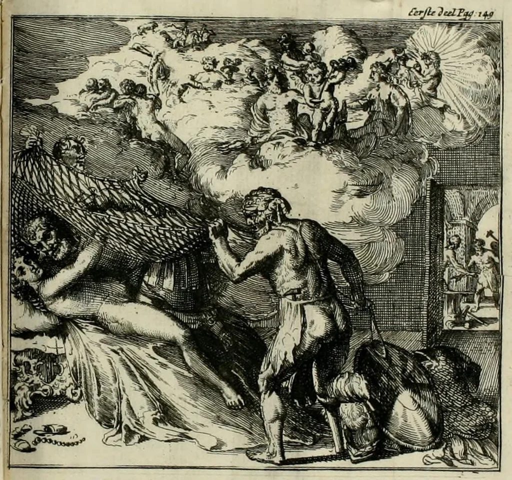 An illustration from Alle de werken van Lucianus den Samosatenser : nieuwlyks uit het Grieks vertaalt, 1679, leaf 187