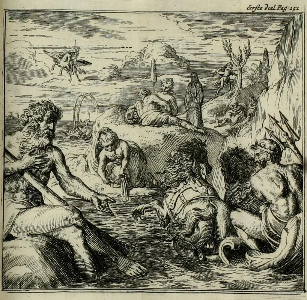 An illustration from Alle de werken van Lucianus den Samosatenser : nieuwlyks uit het Grieks vertaalt, 1679, leaf 193