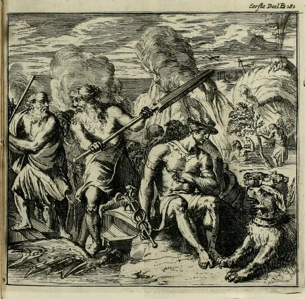 An illustration from Alle de werken van Lucianus den Samosatenser : nieuwlyks uit het Grieks vertaalt, 1679, leaf 229