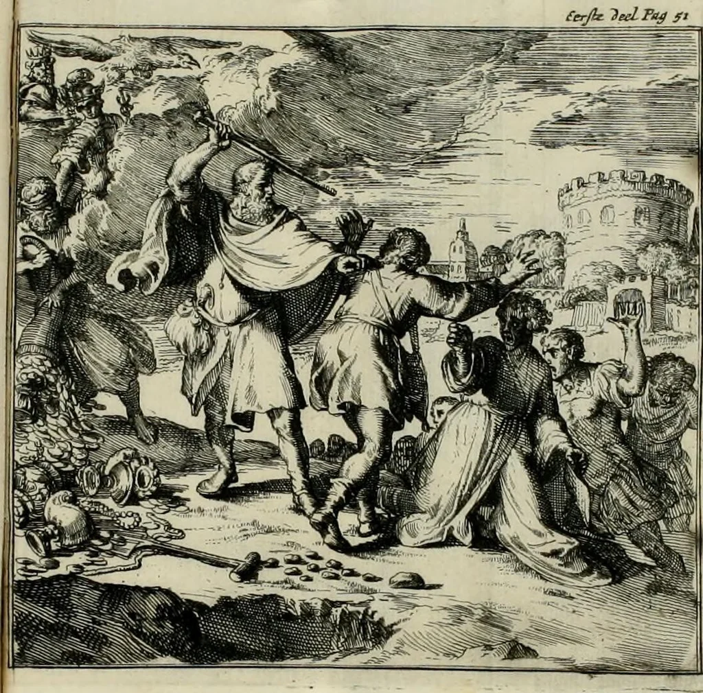 An illustration from Alle de werken van Lucianus den Samosatenser : nieuwlyks uit het Grieks vertaalt, 1679, leaf 79