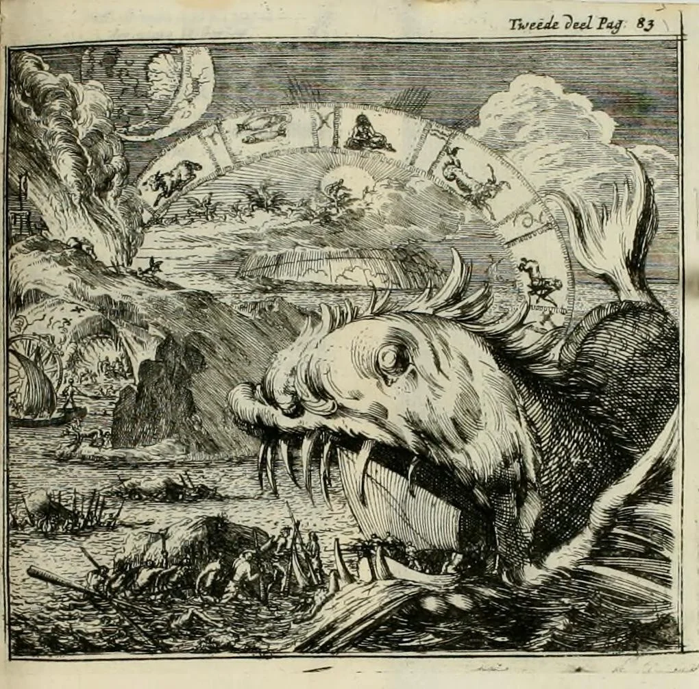 An illustration from Alle de werken van Lucianus den Samosatenser : nieuwlyks uit het Grieks vertaalt, 1679, leaf 89