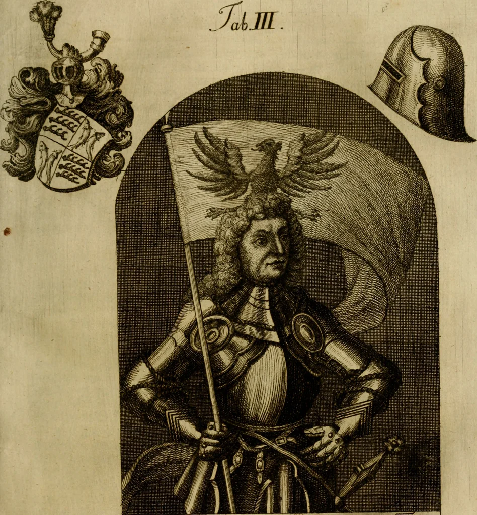 An illustration from Allgemeine Geschichte Würtenbergs und dessen angränzender Gebiethe und Gegenden, nach den merkwürdigsten Veränderungen in Staats-Kirchen und Burgerlichen Wesen : Alles mit nöthigen Documenten bewiesen und mit vielen Kupfern gezieret, 1764, leaf 164