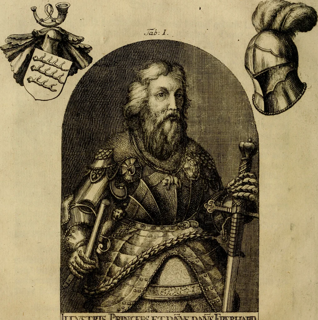 An illustration from Allgemeine Geschichte Würtenbergs und dessen angränzender Gebiethe und Gegenden, nach den merkwürdigsten Veränderungen in Staats-Kirchen und Burgerlichen Wesen : Alles mit nöthigen Documenten bewiesen und mit vielen Kupfern gezieret, 1764, leaf 17