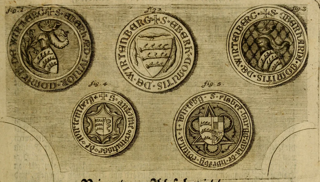 An illustration from Allgemeine Geschichte Würtenbergs und dessen angränzender Gebiethe und Gegenden, nach den merkwürdigsten Veränderungen in Staats-Kirchen und Burgerlichen Wesen : Alles mit nöthigen Documenten bewiesen und mit vielen Kupfern gezieret, 1764, leaf 18