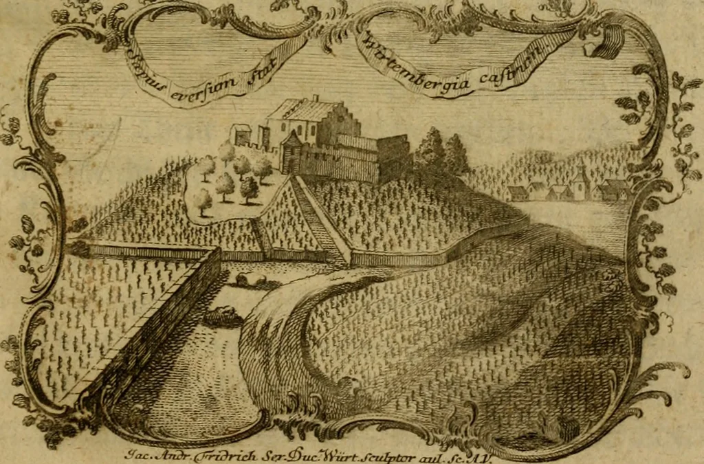 An illustration from Allgemeine Geschichte Würtenbergs und dessen angränzender Gebiethe und Gegenden, nach den merkwürdigsten Veränderungen in Staats-Kirchen und Burgerlichen Wesen : Alles mit nöthigen Documenten bewiesen und mit vielen Kupfern gezieret, 1764, leaf 4