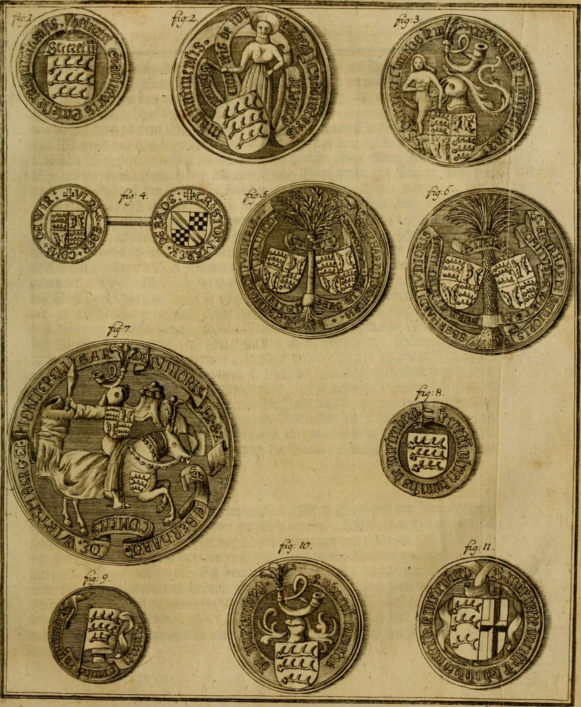 An illustration from Allgemeine Geschichte Würtenbergs und dessen angränzender Gebiethe und Gegenden, nach den merkwürdigsten Veränderungen in Staats-Kirchen und Burgerlichen Wesen : Alles mit nöthigen Documenten bewiesen und mit vielen Kupfern gezieret, 1764, leaf 82