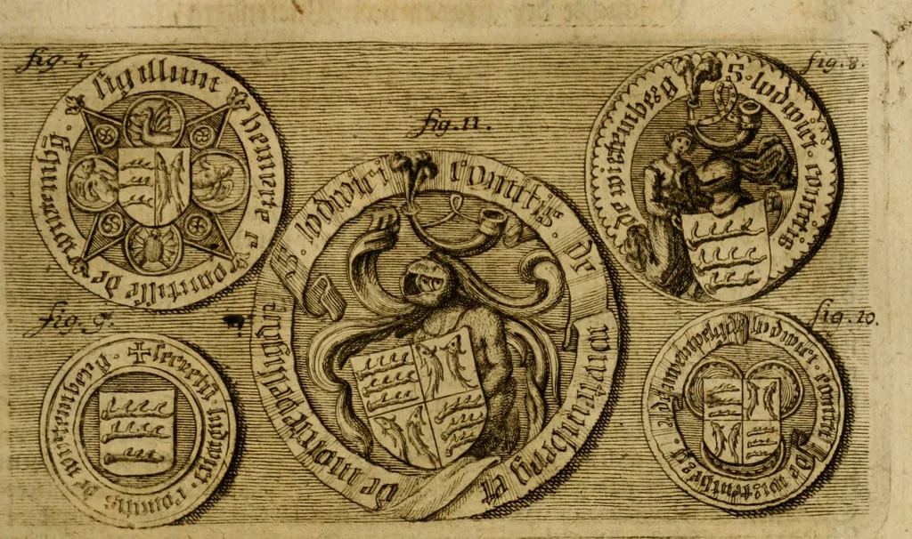 An illustration from Allgemeine Geschichte Würtenbergs und dessen angränzender Gebiethe und Gegenden, nach den merkwürdigsten Veränderungen in Staats-Kirchen und Burgerlichen Wesen : Alles mit nöthigen Documenten bewiesen und mit vielen Kupfern gezieret, 1764, leaf 96