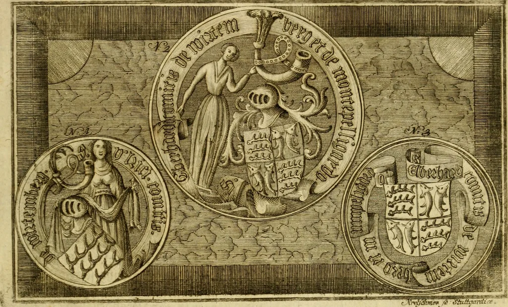 An illustration from Allgemeine Geschichte Würtenbergs und dessen angränzender Gebiethe und Gegenden, nach den merkwürdigsten Veränderungen in Staats-Kirchen und Burgerlichen Wesen : Alles mit nöthigen Documenten bewiesen und mit vielen Kupfern gezieret, 1764, leaf 14