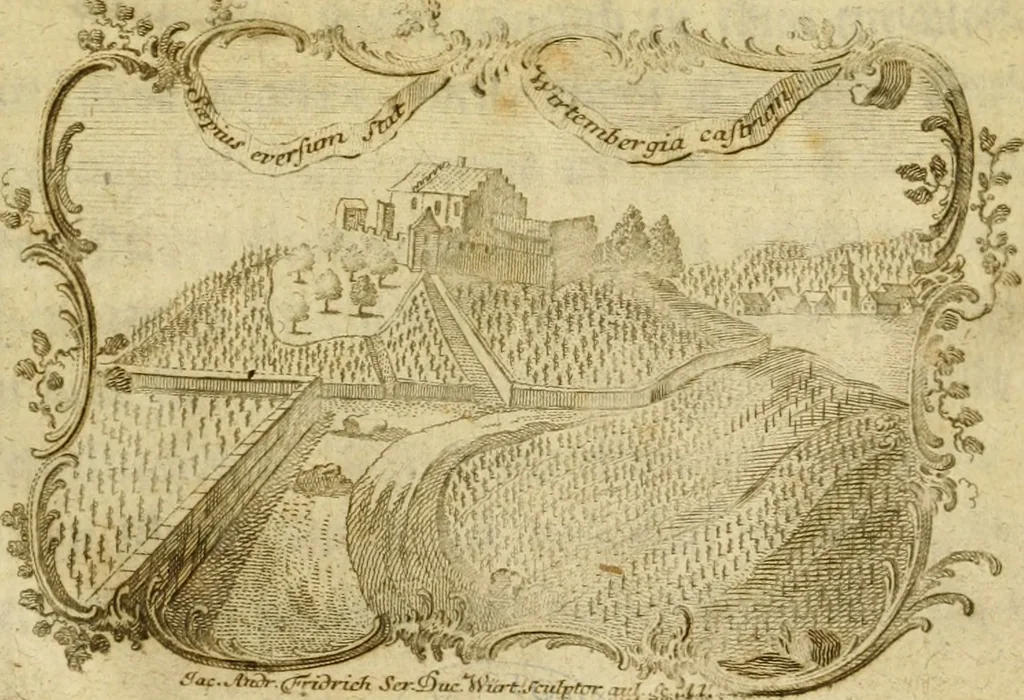 An illustration from Allgemeine Geschichte Würtenbergs und dessen angränzender Gebiethe und Gegenden, nach den merkwürdigsten Veränderungen in Staats-Kirchen und Burgerlichen Wesen : Alles mit nöthigen Documenten bewiesen und mit vielen Kupfern gezieret, 1764, leaf 6