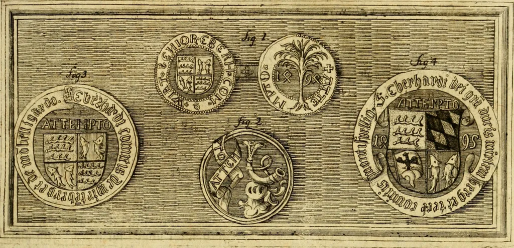 An illustration from Allgemeine Geschichte Würtenbergs und dessen angränzender Gebiethe und Gegenden, nach den merkwürdigsten Veränderungen in Staats-Kirchen und Burgerlichen Wesen : Alles mit nöthigen Documenten bewiesen und mit vielen Kupfern gezieret, 1764, leaf 12