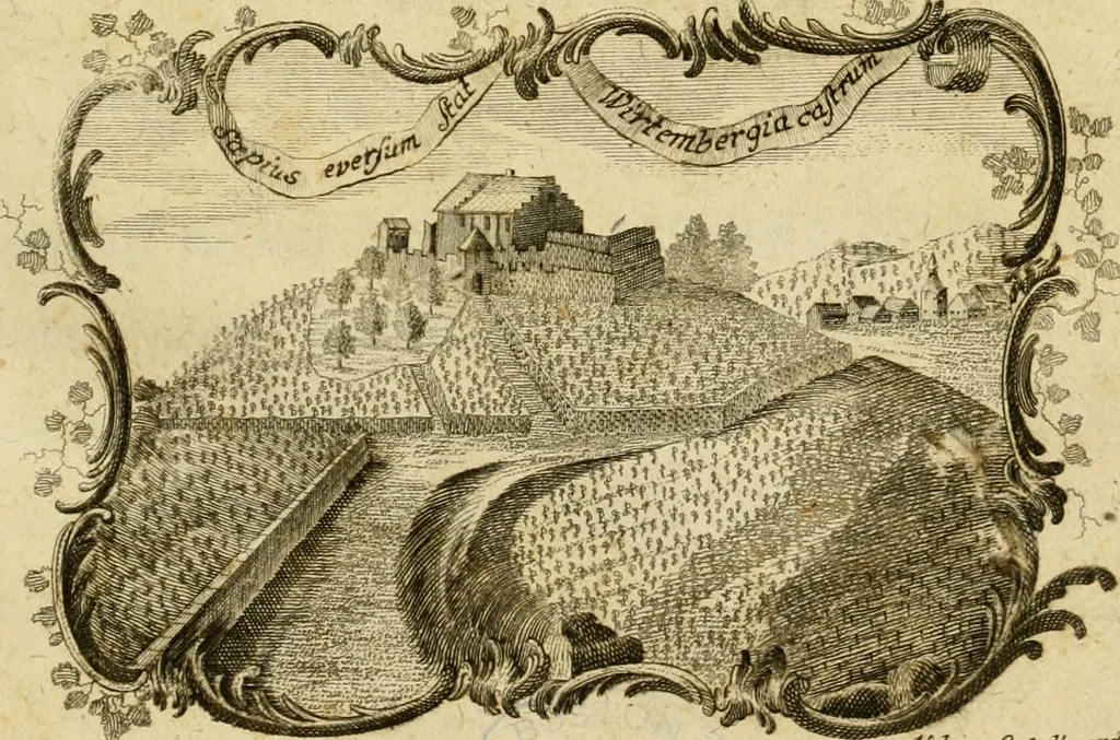 An illustration from Allgemeine Geschichte Würtenbergs und dessen angränzender Gebiethe und Gegenden, nach den merkwürdigsten Veränderungen in Staats-Kirchen und Burgerlichen Wesen : Alles mit nöthigen Documenten bewiesen und mit vielen Kupfern gezieret, 1764, leaf 4