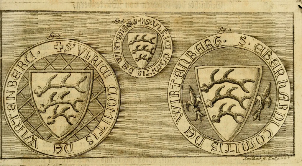 An illustration from Allgemeine Geschichte Würtenbergs und dessen angränzender Gebiethe und Gegenden, nach den merkwürdigsten Veränderungen in Staats-Kirchen und Burgerlichen Wesen : Alles mit nöthigen Documenten bewiesen und mit vielen Kupfern gezieret, 1764, leaf 58