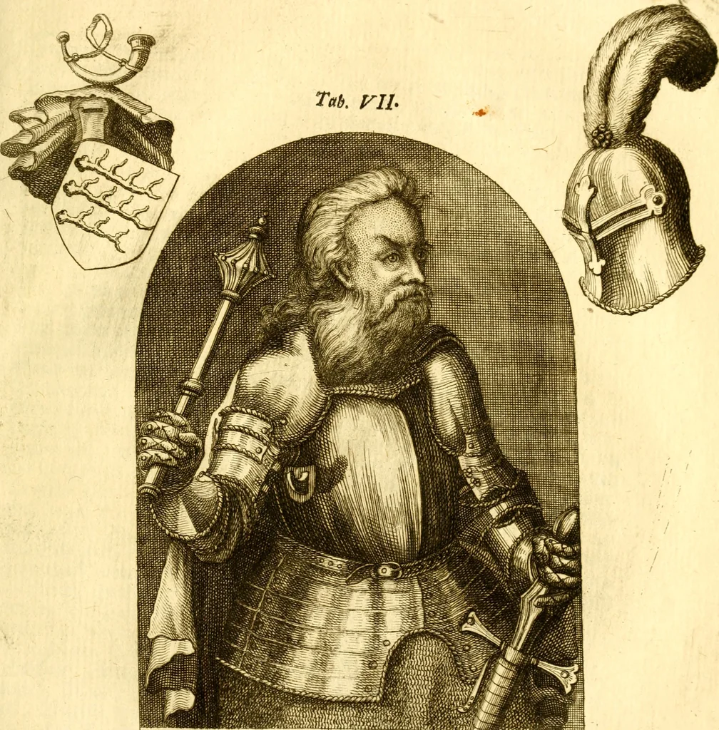 An illustration from Allgemeine Geschichte Würtenbergs und dessen angränzender Gebiethe und Gegenden, nach den merkwürdigsten Veränderungen in Staats-Kirchen und Burgerlichen Wesen : Alles mit nöthigen Documenten bewiesen und mit vielen Kupfern gezieret, 1764, leaf 1046