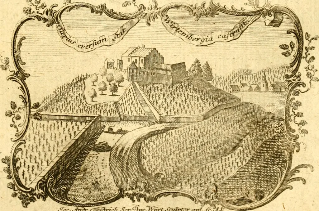 An illustration from Allgemeine Geschichte Würtenbergs und dessen angränzender Gebiethe und Gegenden, nach den merkwürdigsten Veränderungen in Staats-Kirchen und Burgerlichen Wesen : Alles mit nöthigen Documenten bewiesen und mit vielen Kupfern gezieret, 1764, leaf 764