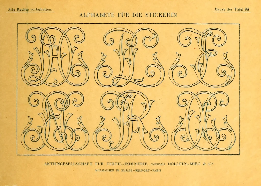 An illustration from Alphabete für die Stickerin; Buchstaben, Monogramme, Ziffern und Ornamente, nach gezählten Fäden zu sticken und Muster mit Bausen für Weiss-Stickerei, 1900, leaf 109