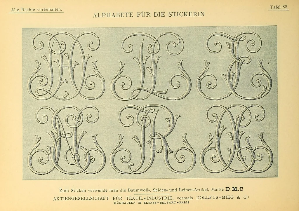 An illustration from Alphabete für die Stickerin; Buchstaben, Monogramme, Ziffern und Ornamente, nach gezählten Fäden zu sticken und Muster mit Bausen für Weiss-Stickerei, 1900, leaf 94