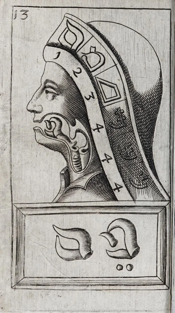 An illustration from Alphabeti verè naturalis Hebraici brevissima delineatio : quae simul methodum suppeditat, juxta quam qui surdi nati sunt sic informari possunt, ut non alios saltem loquentes intelligant, sed & ipsi ad sermonis usum perveniant, 1667, leaf 64