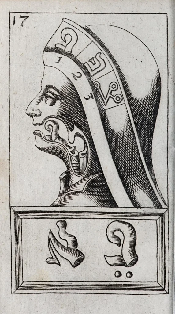 An illustration from Alphabeti verè naturalis Hebraici brevissima delineatio : quae simul methodum suppeditat, juxta quam qui surdi nati sunt sic informari possunt, ut non alios saltem loquentes intelligant, sed & ipsi ad sermonis usum perveniant, 1667, leaf 72