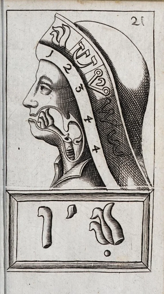 An illustration from Alphabeti verè naturalis Hebraici brevissima delineatio : quae simul methodum suppeditat, juxta quam qui surdi nati sunt sic informari possunt, ut non alios saltem loquentes intelligant, sed & ipsi ad sermonis usum perveniant, 1667, leaf 79