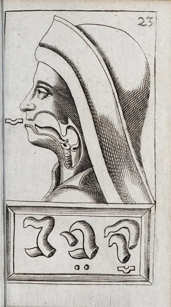 An illustration from Alphabeti verè naturalis Hebraici brevissima delineatio : quae simul methodum suppeditat, juxta quam qui surdi nati sunt sic informari possunt, ut non alios saltem loquentes intelligant, sed & ipsi ad sermonis usum perveniant, 1667, leaf 83