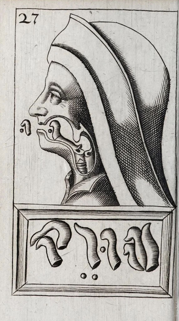 An illustration from Alphabeti verè naturalis Hebraici brevissima delineatio : quae simul methodum suppeditat, juxta quam qui surdi nati sunt sic informari possunt, ut non alios saltem loquentes intelligant, sed & ipsi ad sermonis usum perveniant, 1667, leaf 92