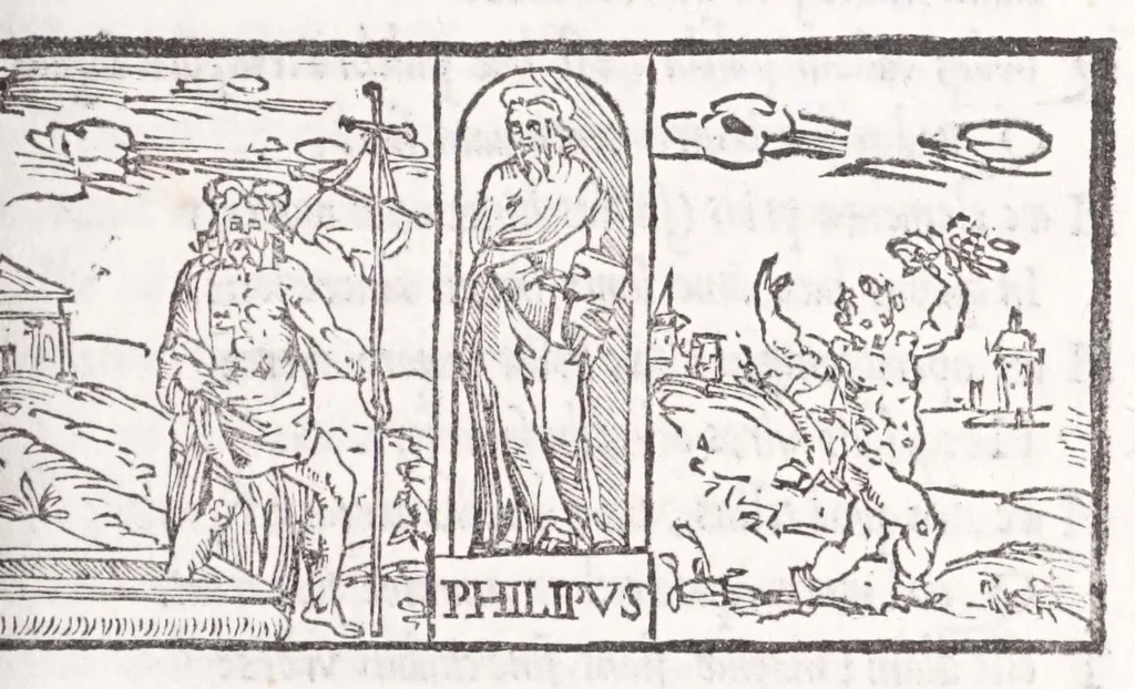 An illustration from Ambrosii Novidii Fracci Ferentinatis Sacrorum fastorum libri XII : cum romanis consuetudinibus per totum annũ, suisq[ue] causis, ac stellis, et numinũ nostrorum introductionibus : adhibitis XII. mensibvs, XII. apost. tutelis, rebus gestis, necnõ figuris, ac fabulis ad rẽ faciẽtibus, à suis tenebris ad lucẽ, idest Christum, reductis : opus sane sic post natalẽ domini à nullo antea scriptum aut editum, 1547, leaf 113