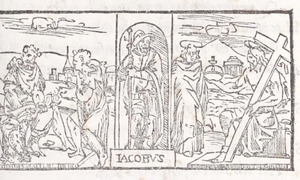 An illustration from Ambrosii Novidii Fracci Ferentinatis Sacrorum fastorum libri XII : cum romanis consuetudinibus per totum annũ, suisq[ue] causis, ac stellis, et numinũ nostrorum introductionibus : adhibitis XII. mensibvs, XII. apost. tutelis, rebus gestis, necnõ figuris, ac fabulis ad rẽ faciẽtibus, à suis tenebris ad lucẽ, idest Christum, reductis : opus sane sic post natalẽ domini à nullo antea scriptum aut editum, 1547, leaf 141