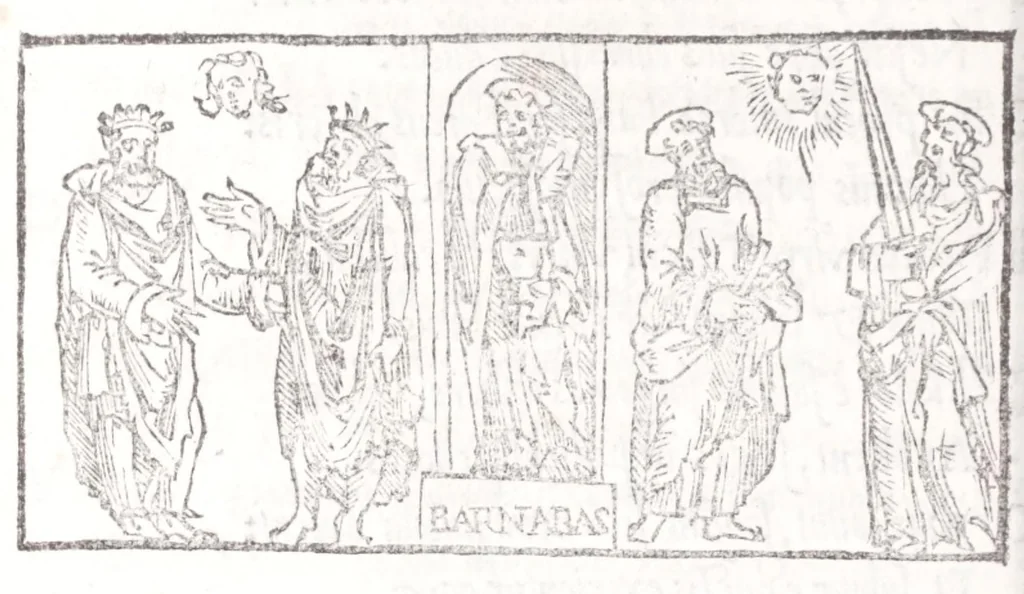 An illustration from Ambrosii Novidii Fracci Ferentinatis Sacrorum fastorum libri XII : cum romanis consuetudinibus per totum annũ, suisq[ue] causis, ac stellis, et numinũ nostrorum introductionibus : adhibitis XII. mensibvs, XII. apost. tutelis, rebus gestis, necnõ figuris, ac fabulis ad rẽ faciẽtibus, à suis tenebris ad lucẽ, idest Christum, reductis : opus sane sic post natalẽ domini à nullo antea scriptum aut editum, 1547, leaf 168
