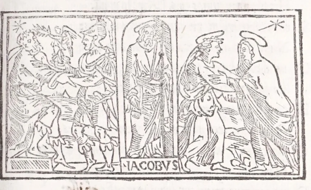 An illustration from Ambrosii Novidii Fracci Ferentinatis Sacrorum fastorum libri XII : cum romanis consuetudinibus per totum annũ, suisq[ue] causis, ac stellis, et numinũ nostrorum introductionibus : adhibitis XII. mensibvs, XII. apost. tutelis, rebus gestis, necnõ figuris, ac fabulis ad rẽ faciẽtibus, à suis tenebris ad lucẽ, idest Christum, reductis : opus sane sic post natalẽ domini à nullo antea scriptum aut editum, 1547, leaf 195