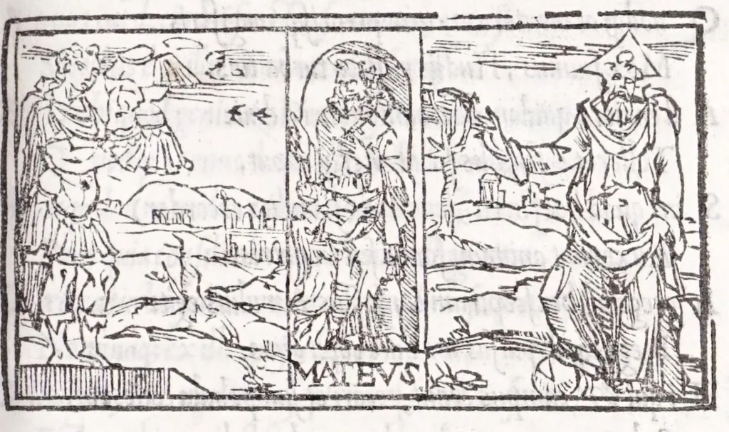 An illustration from Ambrosii Novidii Fracci Ferentinatis Sacrorum fastorum libri XII : cum romanis consuetudinibus per totum annũ, suisq[ue] causis, ac stellis, et numinũ nostrorum introductionibus : adhibitis XII. mensibvs, XII. apost. tutelis, rebus gestis, necnõ figuris, ac fabulis ad rẽ faciẽtibus, à suis tenebris ad lucẽ, idest Christum, reductis : opus sane sic post natalẽ domini à nullo antea scriptum aut editum, 1547, leaf 255