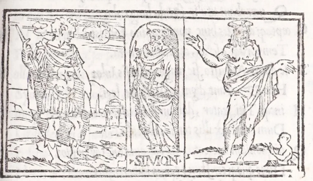 An illustration from Ambrosii Novidii Fracci Ferentinatis Sacrorum fastorum libri XII : cum romanis consuetudinibus per totum annũ, suisq[ue] causis, ac stellis, et numinũ nostrorum introductionibus : adhibitis XII. mensibvs, XII. apost. tutelis, rebus gestis, necnõ figuris, ac fabulis ad rẽ faciẽtibus, à suis tenebris ad lucẽ, idest Christum, reductis : opus sane sic post natalẽ domini à nullo antea scriptum aut editum, 1547, leaf 287