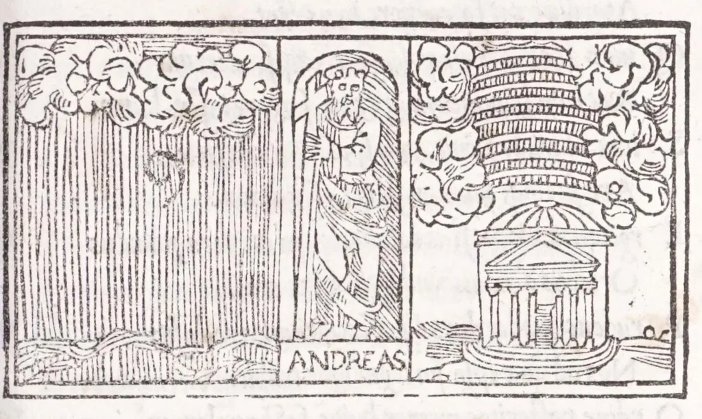 An illustration from Ambrosii Novidii Fracci Ferentinatis Sacrorum fastorum libri XII : cum romanis consuetudinibus per totum annũ, suisq[ue] causis, ac stellis, et numinũ nostrorum introductionibus : adhibitis XII. mensibvs, XII. apost. tutelis, rebus gestis, necnõ figuris, ac fabulis ad rẽ faciẽtibus, à suis tenebris ad lucẽ, idest Christum, reductis : opus sane sic post natalẽ domini à nullo antea scriptum aut editum, 1547, leaf 317