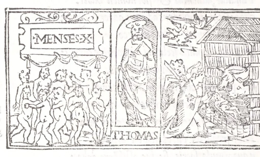 An illustration from Ambrosii Novidii Fracci Ferentinatis Sacrorum fastorum libri XII : cum romanis consuetudinibus per totum annũ, suisq[ue] causis, ac stellis, et numinũ nostrorum introductionibus : adhibitis XII. mensibvs, XII. apost. tutelis, rebus gestis, necnõ figuris, ac fabulis ad rẽ faciẽtibus, à suis tenebris ad lucẽ, idest Christum, reductis : opus sane sic post natalẽ domini à nullo antea scriptum aut editum, 1547, leaf 350