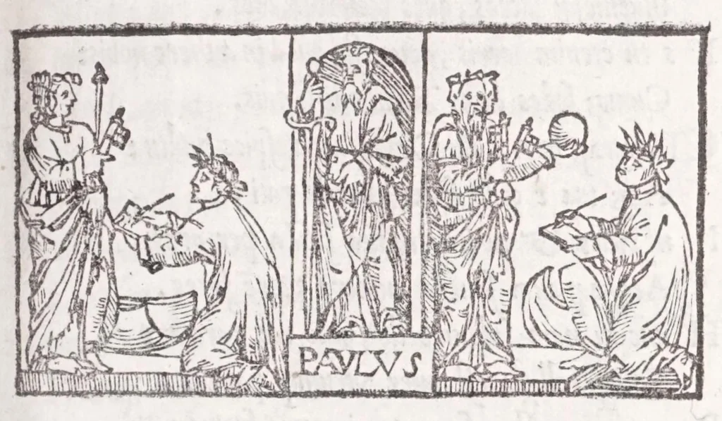 An illustration from Ambrosii Novidii Fracci Ferentinatis Sacrorum fastorum libri XII : cum romanis consuetudinibus per totum annũ, suisq[ue] causis, ac stellis, et numinũ nostrorum introductionibus : adhibitis XII. mensibvs, XII. apost. tutelis, rebus gestis, necnõ figuris, ac fabulis ad rẽ faciẽtibus, à suis tenebris ad lucẽ, idest Christum, reductis : opus sane sic post natalẽ domini à nullo antea scriptum aut editum, 1547, leaf 37