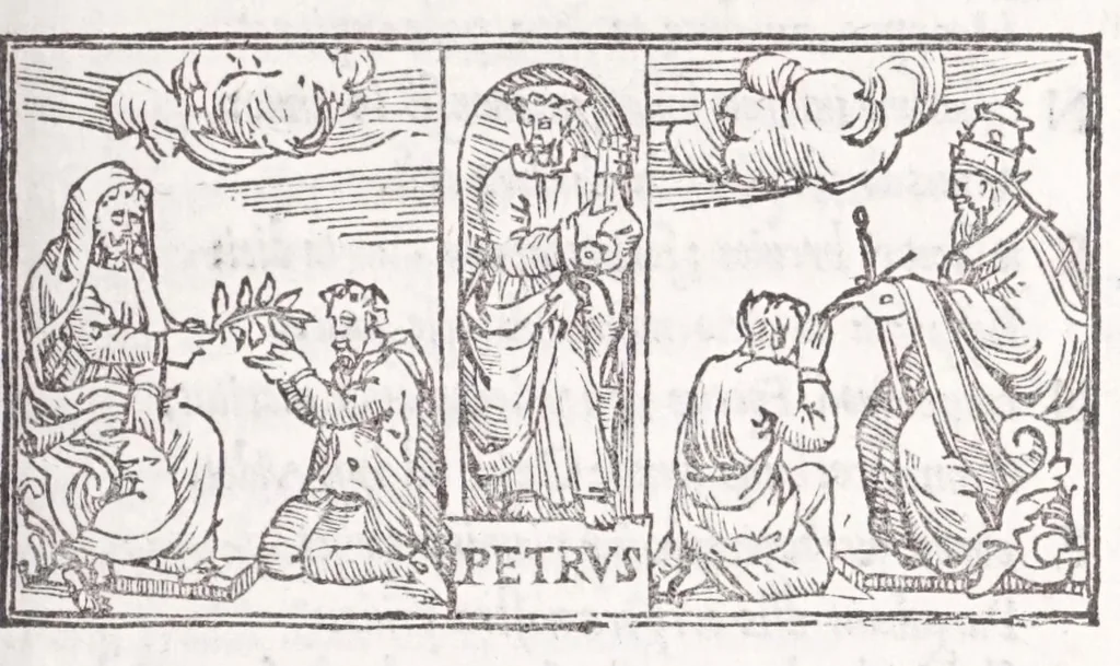 An illustration from Ambrosii Novidii Fracci Ferentinatis Sacrorum fastorum libri XII : cum romanis consuetudinibus per totum annũ, suisq[ue] causis, ac stellis, et numinũ nostrorum introductionibus : adhibitis XII. mensibvs, XII. apost. tutelis, rebus gestis, necnõ figuris, ac fabulis ad rẽ faciẽtibus, à suis tenebris ad lucẽ, idest Christum, reductis : opus sane sic post natalẽ domini à nullo antea scriptum aut editum, 1547, leaf 61