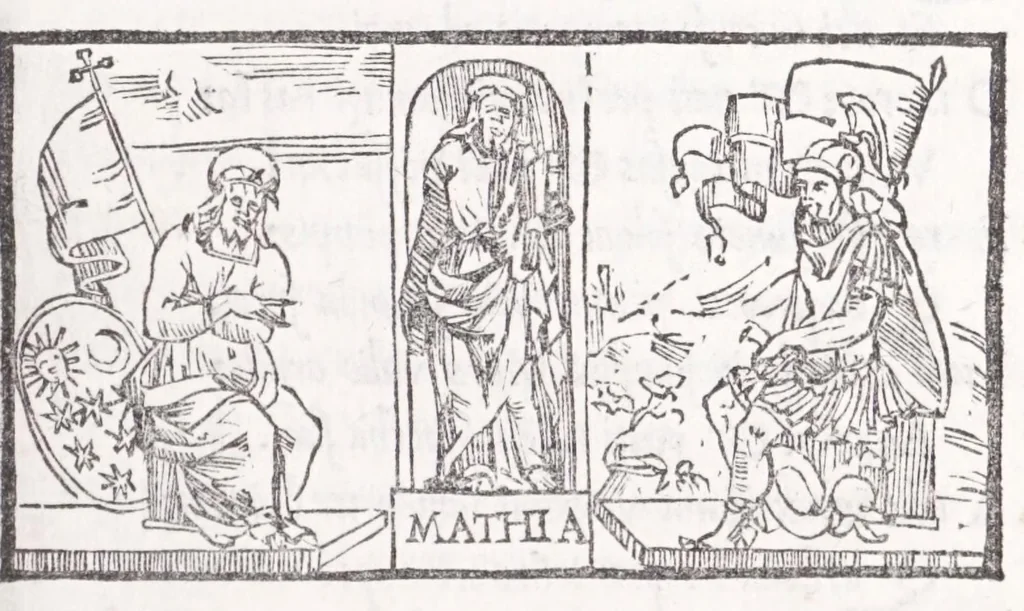 An illustration from Ambrosii Novidii Fracci Ferentinatis Sacrorum fastorum libri XII : cum romanis consuetudinibus per totum annũ, suisq[ue] causis, ac stellis, et numinũ nostrorum introductionibus : adhibitis XII. mensibvs, XII. apost. tutelis, rebus gestis, necnõ figuris, ac fabulis ad rẽ faciẽtibus, à suis tenebris ad lucẽ, idest Christum, reductis : opus sane sic post natalẽ domini à nullo antea scriptum aut editum, 1547, leaf 87