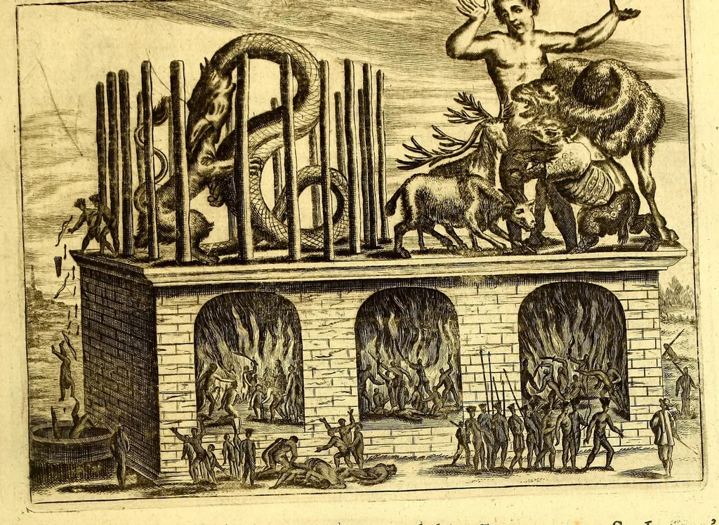 An illustration from America: being an accurate description of the Nevv VVorld; : containing the original of the inhabitants; the remarkable voyages thither: the conquest of the vast empires of Mexico and Peru, their ancient and later vvars. With their several plantations, many, and rich islands; their cities, fortresses, towns, temples, mountains, and rivers: their habits, customs, manners, and religions; their peculiar plants, beasts, birds, and serpents., 1670, leaf 105