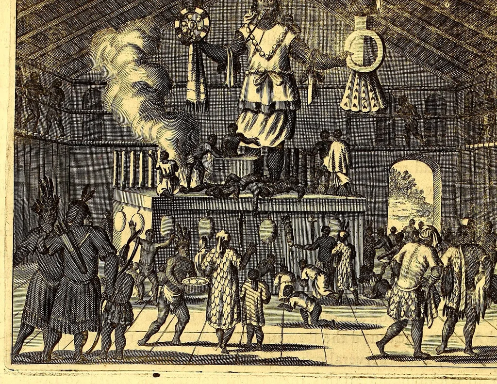 An illustration from America: being an accurate description of the Nevv VVorld; : containing the original of the inhabitants; the remarkable voyages thither: the conquest of the vast empires of Mexico and Peru, their ancient and later vvars. With their several plantations, many, and rich islands; their cities, fortresses, towns, temples, mountains, and rivers: their habits, customs, manners, and religions; their peculiar plants, beasts, birds, and serpents., 1670, leaf 250