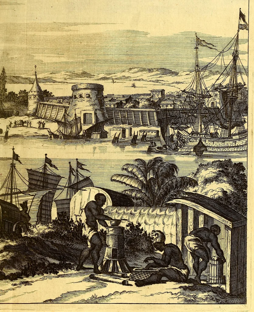 An illustration from America: being an accurate description of the Nevv VVorld; : containing the original of the inhabitants; the remarkable voyages thither: the conquest of the vast empires of Mexico and Peru, their ancient and later vvars. With their several plantations, many, and rich islands; their cities, fortresses, towns, temples, mountains, and rivers: their habits, customs, manners, and religions; their peculiar plants, beasts, birds, and serpents., 1670, leaf 275