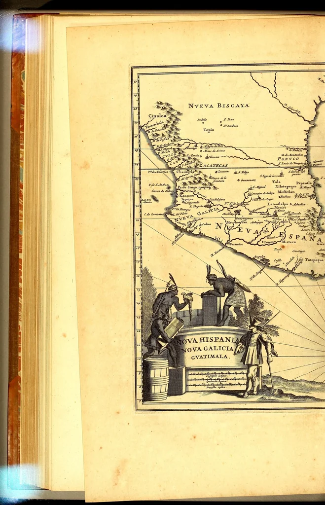 An illustration from America: being an accurate description of the Nevv VVorld; : containing the original of the inhabitants; the remarkable voyages thither: the conquest of the vast empires of Mexico and Peru, their ancient and later vvars. With their several plantations, many, and rich islands; their cities, fortresses, towns, temples, mountains, and rivers: their habits, customs, manners, and religions; their peculiar plants, beasts, birds, and serpents., 1670, leaf 310