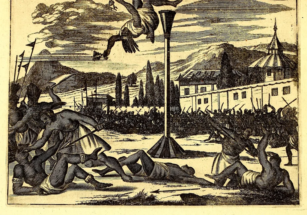 An illustration from America: being an accurate description of the Nevv VVorld; : containing the original of the inhabitants; the remarkable voyages thither: the conquest of the vast empires of Mexico and Peru, their ancient and later vvars. With their several plantations, many, and rich islands; their cities, fortresses, towns, temples, mountains, and rivers: their habits, customs, manners, and religions; their peculiar plants, beasts, birds, and serpents., 1670, leaf 334