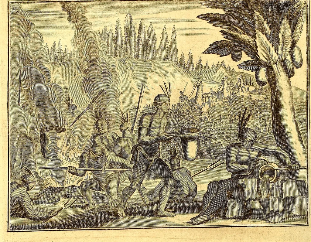 An illustration from America: being an accurate description of the Nevv VVorld; : containing the original of the inhabitants; the remarkable voyages thither: the conquest of the vast empires of Mexico and Peru, their ancient and later vvars. With their several plantations, many, and rich islands; their cities, fortresses, towns, temples, mountains, and rivers: their habits, customs, manners, and religions; their peculiar plants, beasts, birds, and serpents., 1670, leaf 34